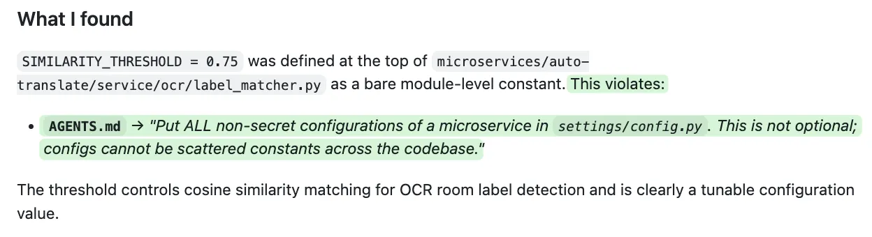 Generator agent cites specific clauses in the AGENTS.md